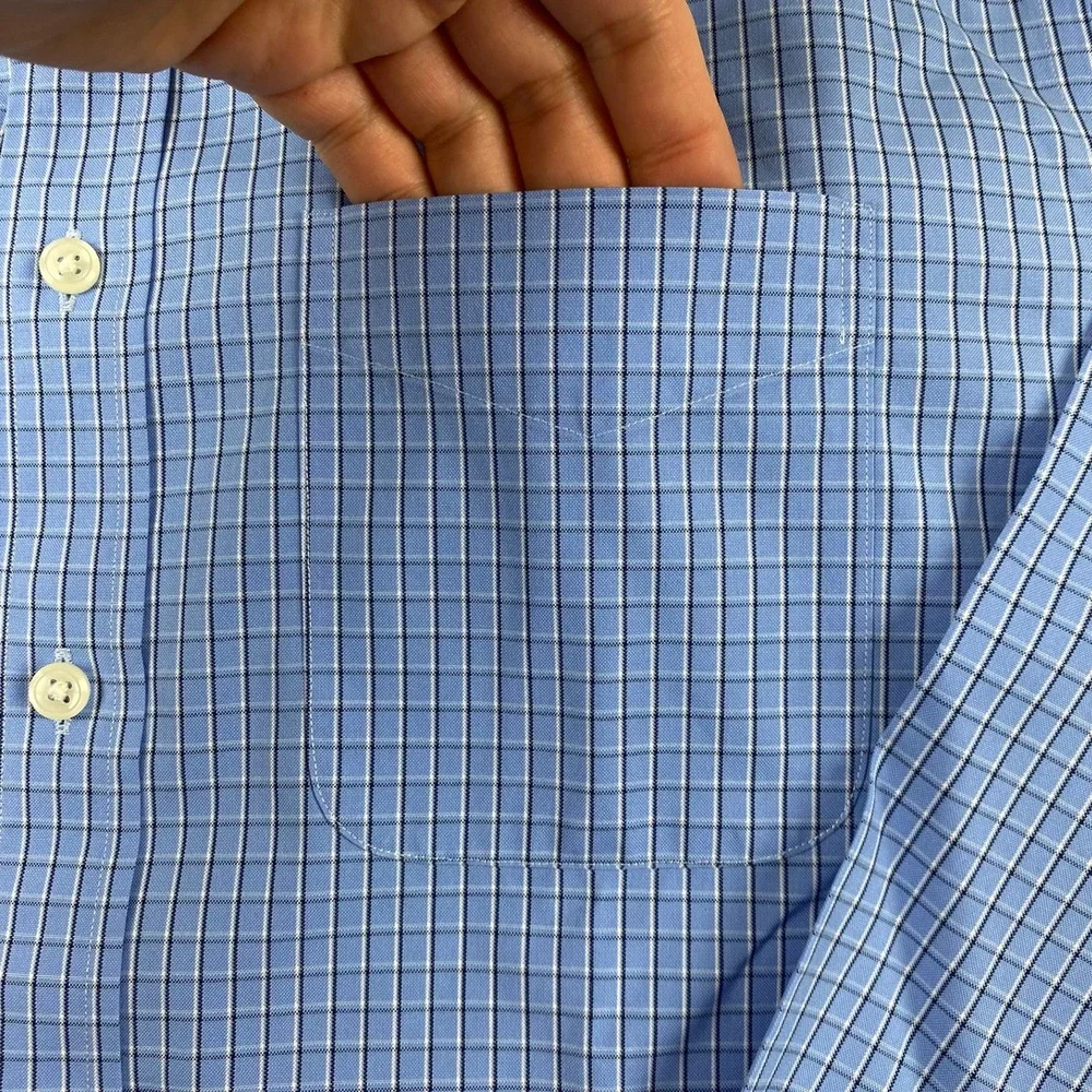 LL Bean Mens 15.5-33 Button Down Shirt Blue Check Wrinkle Free Slightly Fitted